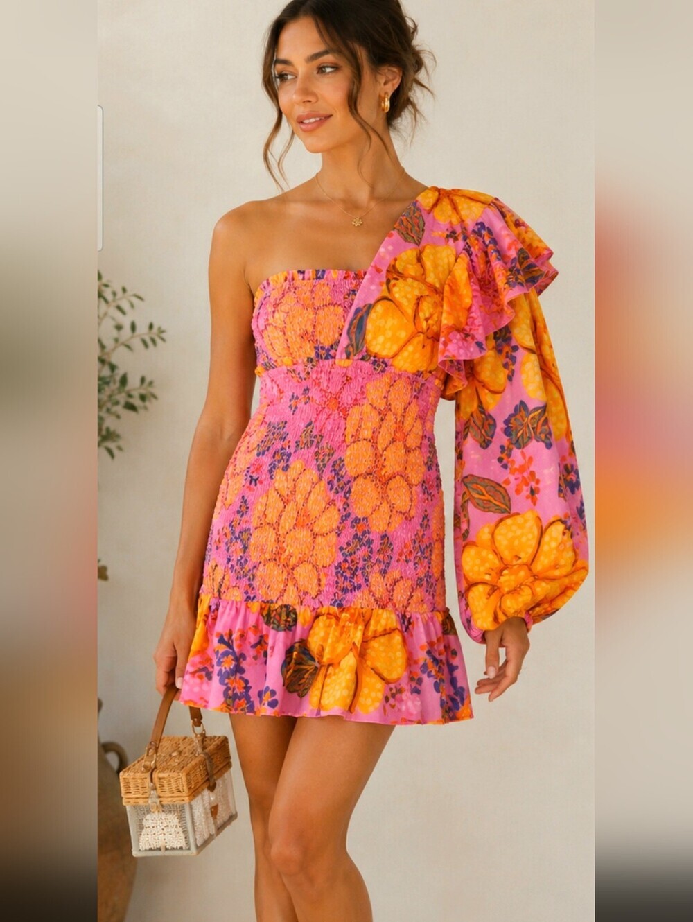FARM Rio One-Shoulder Pink and Orange Floral Mini Dress